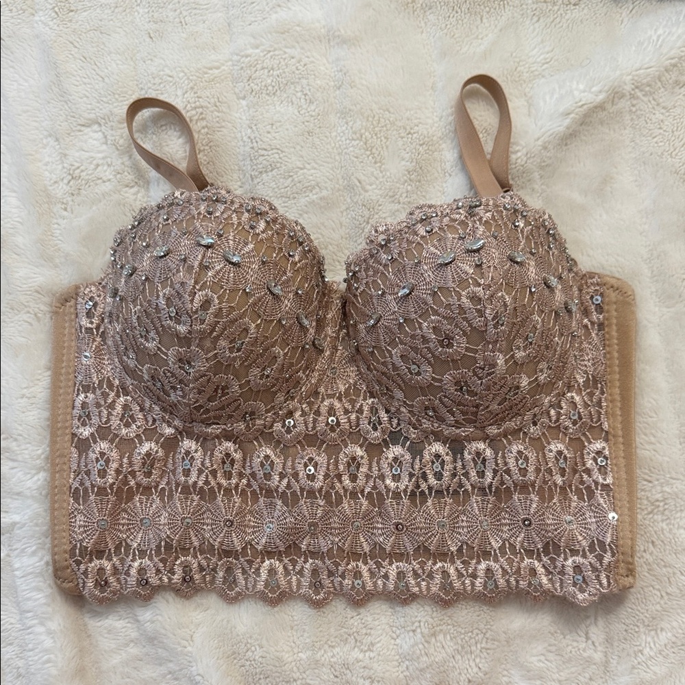 Windsor Lace Embellished Bralette - Tan